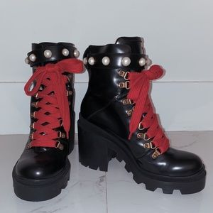 Faux Pearl-Embellished Leather Ankle Boots